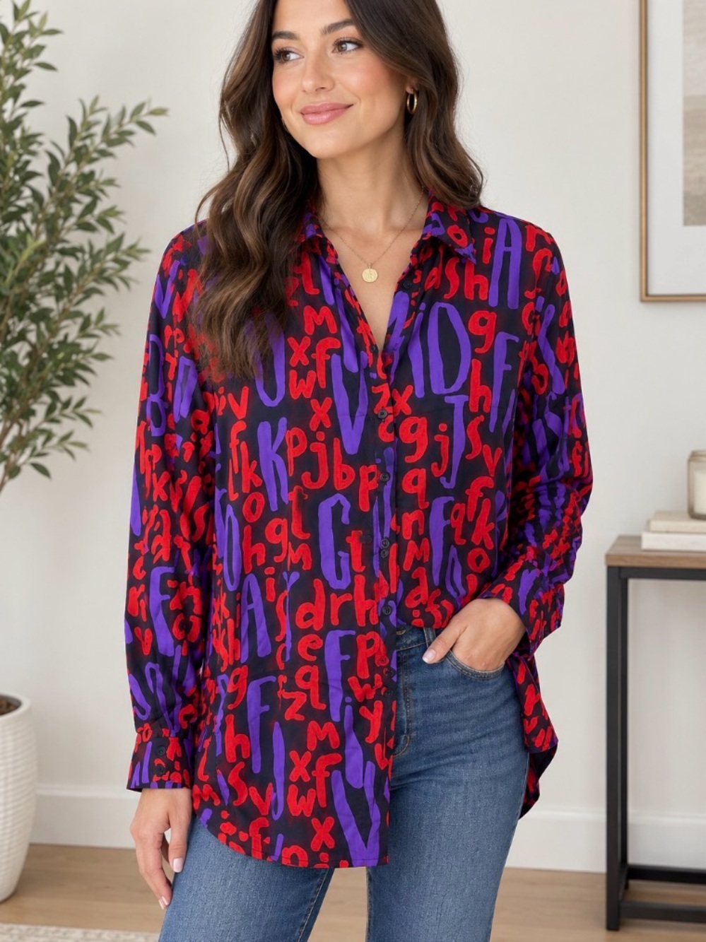 Bold Red & Purple Letter-Print Button Down Shirt
